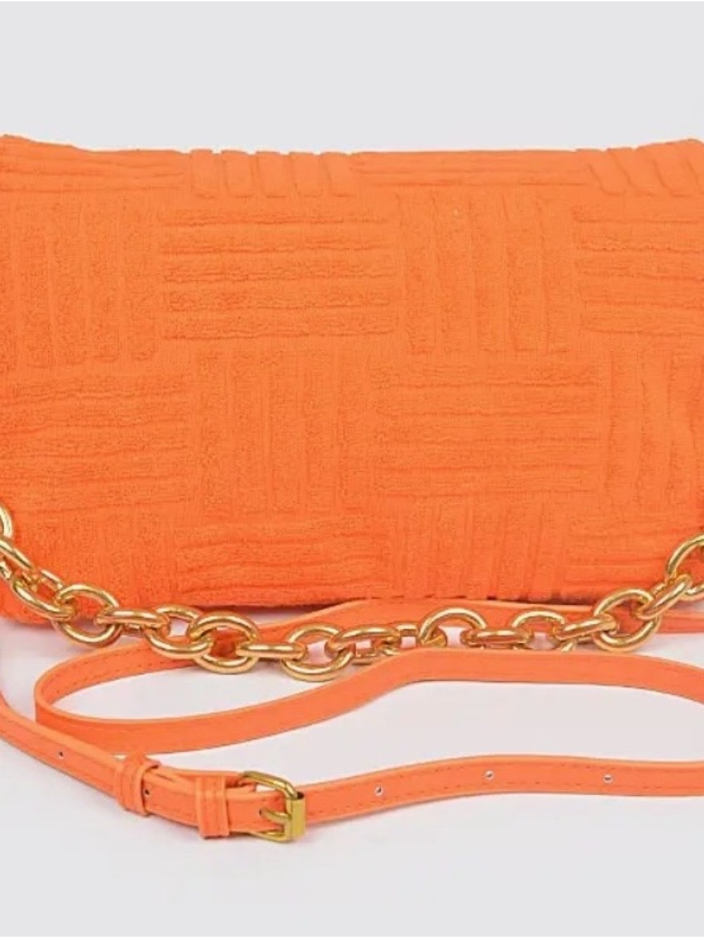 Textured Orange Shoulder Bag with Gold Chain Strap